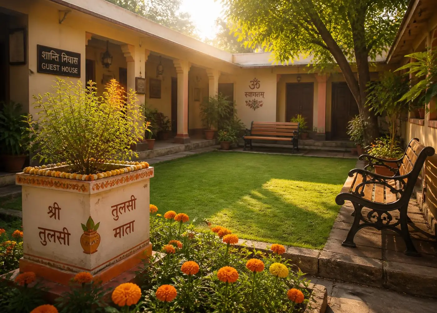 Quiet garden courtyard with tulsi plant at the bhakta niwas